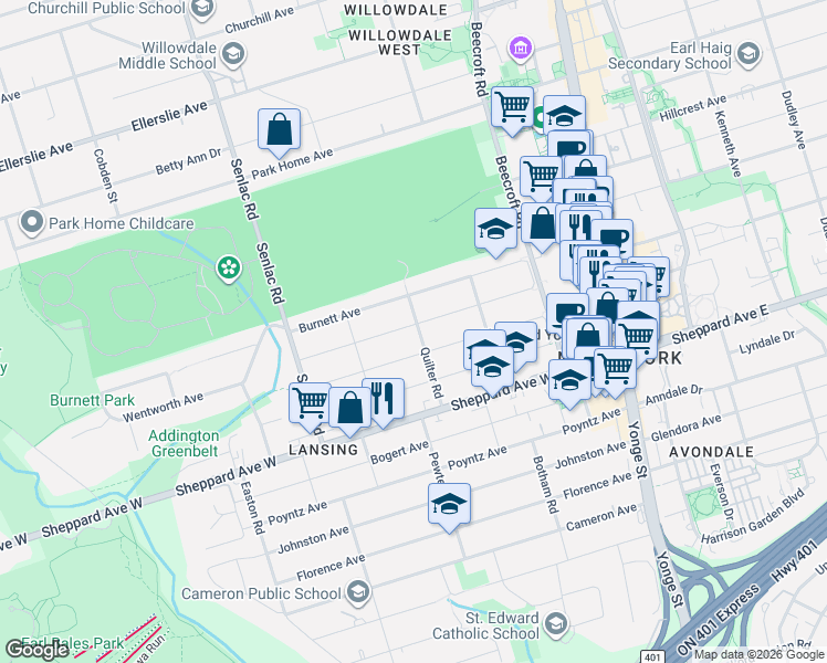 map of restaurants, bars, coffee shops, grocery stores, and more near 149 Burndale Avenue in Toronto