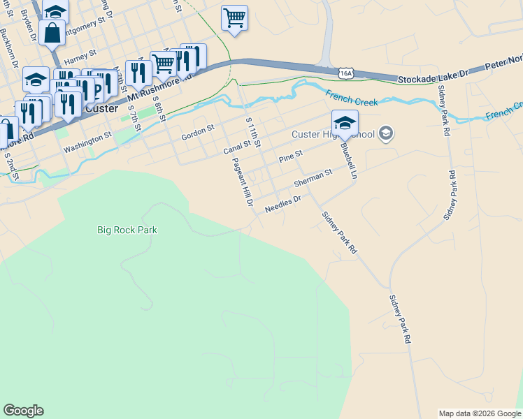 map of restaurants, bars, coffee shops, grocery stores, and more near 511 South 11th Street in Custer