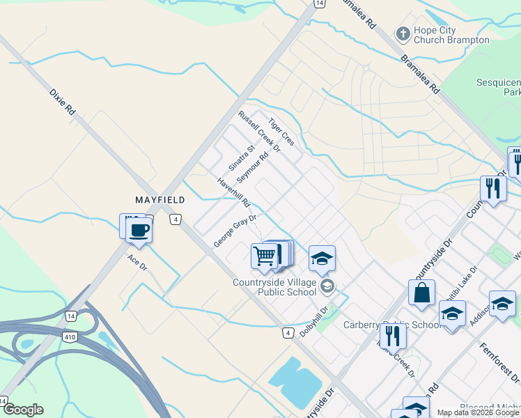 map of restaurants, bars, coffee shops, grocery stores, and more near 64 George Gray Drive in Brampton