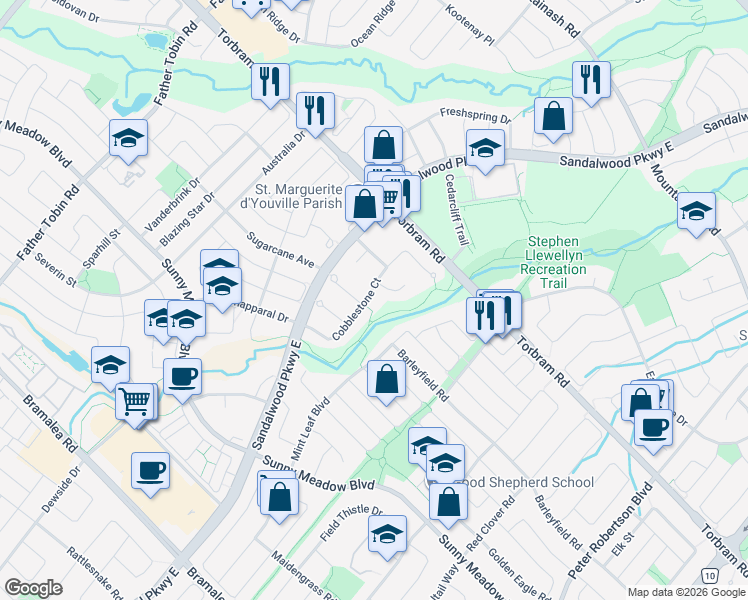 map of restaurants, bars, coffee shops, grocery stores, and more near 46 Cobblestone Court in Brampton
