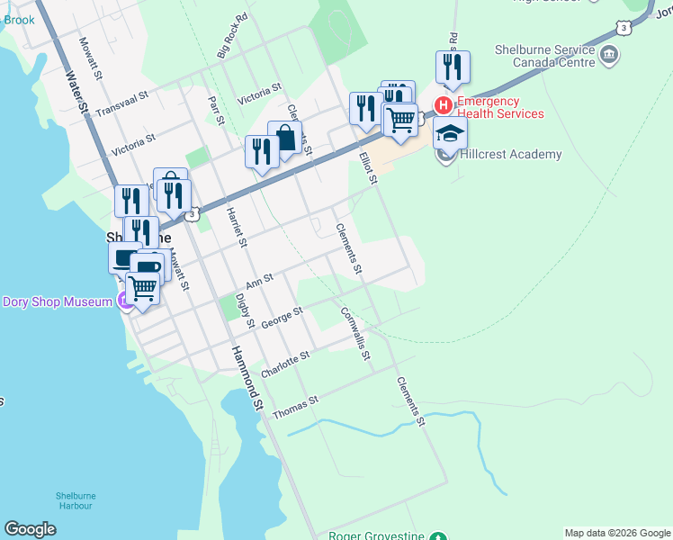 map of restaurants, bars, coffee shops, grocery stores, and more near 126 Cornwallis Street in Shelburne