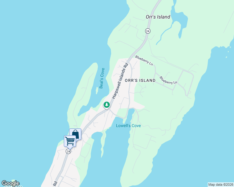 map of restaurants, bars, coffee shops, grocery stores, and more near 6 Lane Road in Harpswell