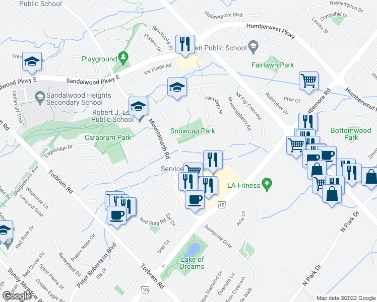 map of restaurants, bars, coffee shops, grocery stores, and more near 7 Mount McKinley Lane in Brampton