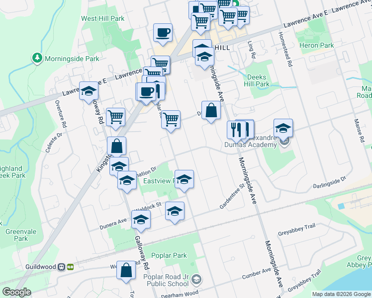 map of restaurants, bars, coffee shops, grocery stores, and more near 112 Coronation Drive in Toronto