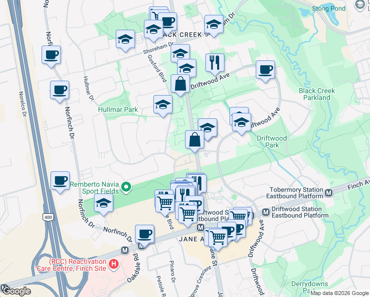 map of restaurants, bars, coffee shops, grocery stores, and more near 100 York Gate Boulevard in Toronto