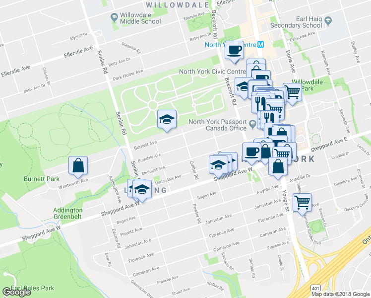 map of restaurants, bars, coffee shops, grocery stores, and more near 149 Burndale Avenue in Toronto