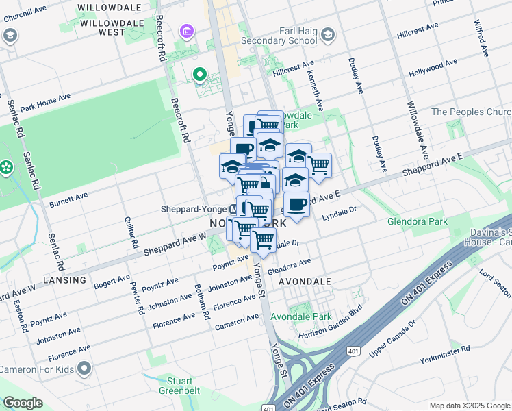 map of restaurants, bars, coffee shops, grocery stores, and more near 4841 Yonge Street in Toronto