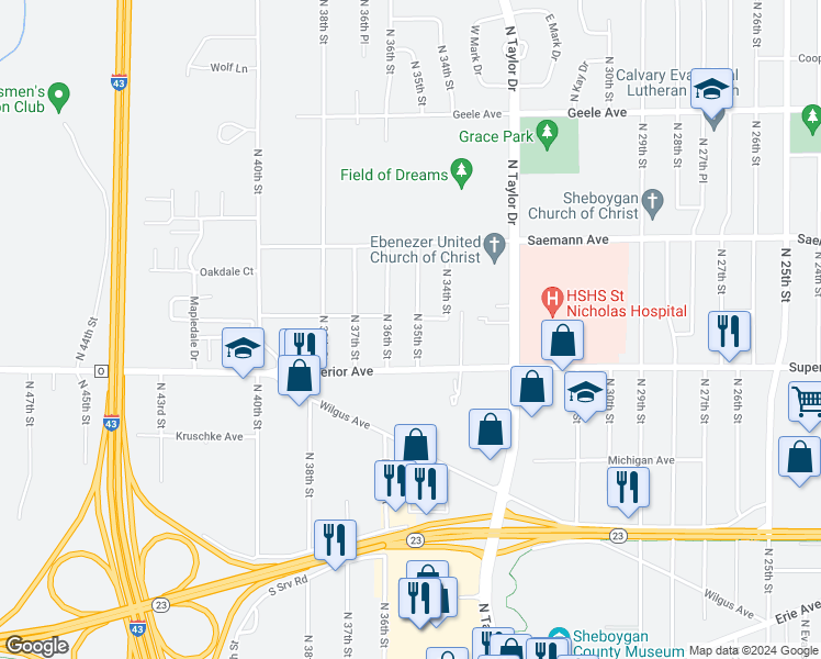 map of restaurants, bars, coffee shops, grocery stores, and more near 1541 North 35th Street in Sheboygan