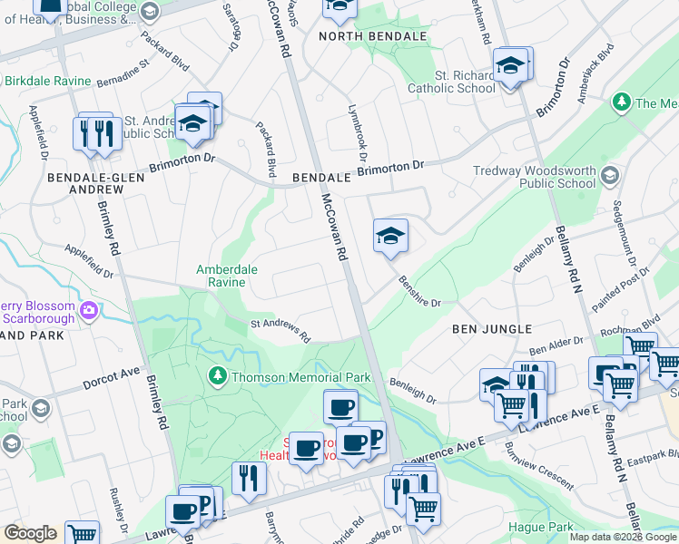 map of restaurants, bars, coffee shops, grocery stores, and more near 950 McCowan Road in Toronto