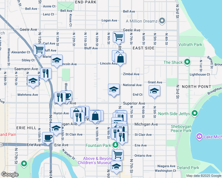 map of restaurants, bars, coffee shops, grocery stores, and more near 1611 North 9th Street in Sheboygan