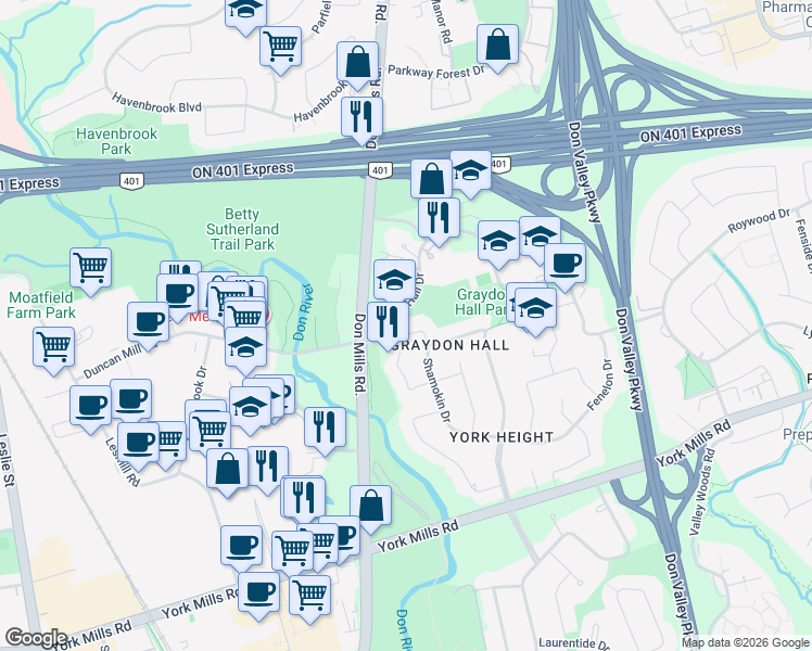 map of restaurants, bars, coffee shops, grocery stores, and more near 82 Olsen Drive in Toronto