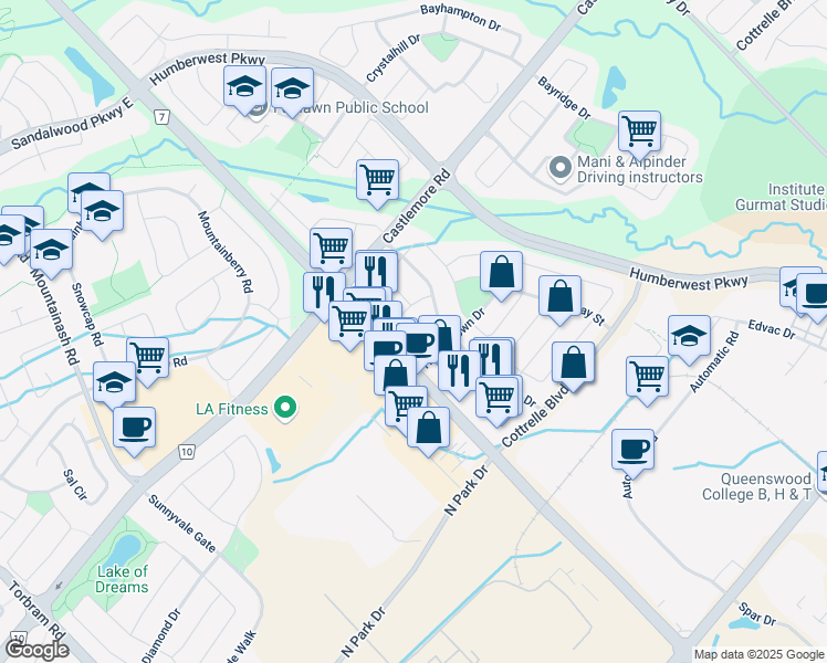 map of restaurants, bars, coffee shops, grocery stores, and more near 19 Jingle Crescent in Brampton