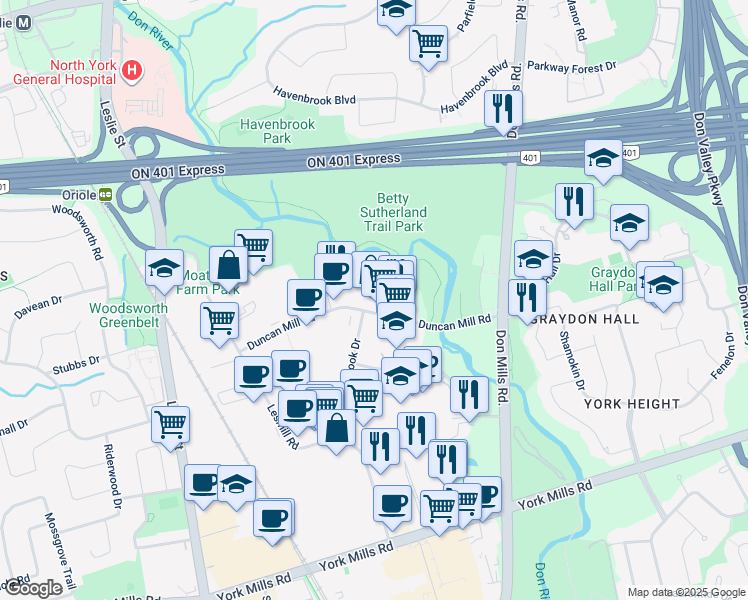 map of restaurants, bars, coffee shops, grocery stores, and more near in Toronto