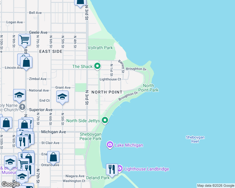 map of restaurants, bars, coffee shops, grocery stores, and more near 73 Lake Court in Sheboygan