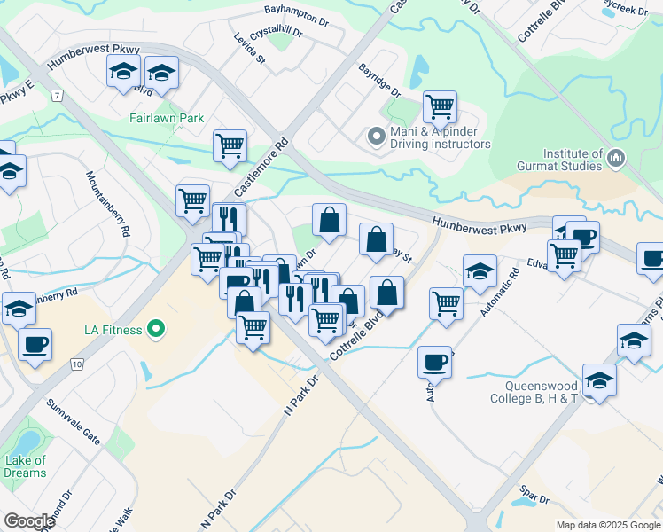 map of restaurants, bars, coffee shops, grocery stores, and more near 22 Gaspe Road in Brampton