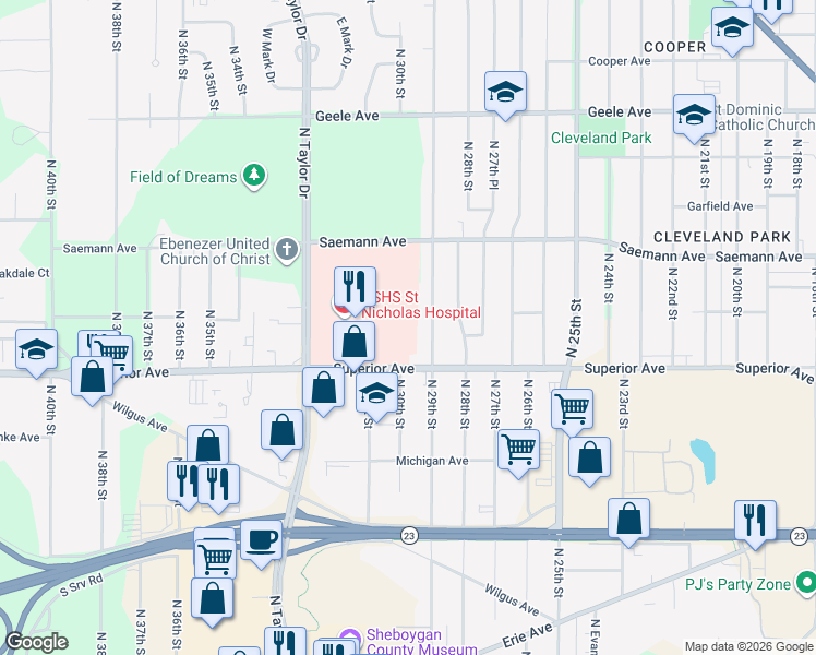 map of restaurants, bars, coffee shops, grocery stores, and more near 2920 Superior Ave in Sheboygan