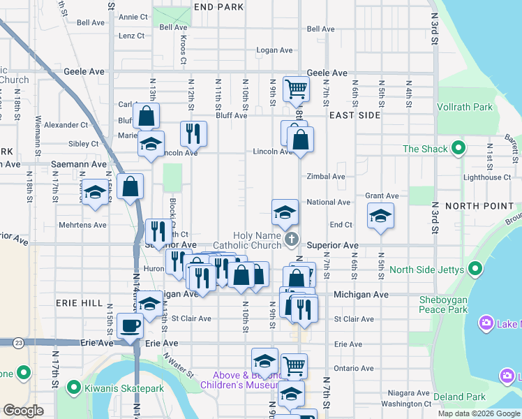 map of restaurants, bars, coffee shops, grocery stores, and more near 916 Saint James Court in Sheboygan