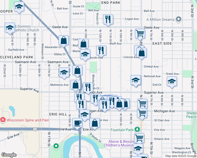 map of restaurants, bars, coffee shops, grocery stores, and more near 1624 North 12th Street in Sheboygan