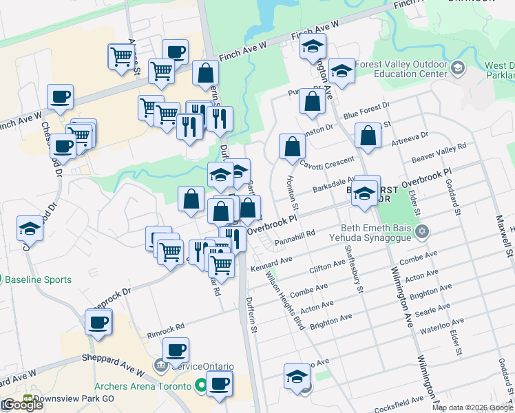 map of restaurants, bars, coffee shops, grocery stores, and more near 18 Garthdale Court in Toronto