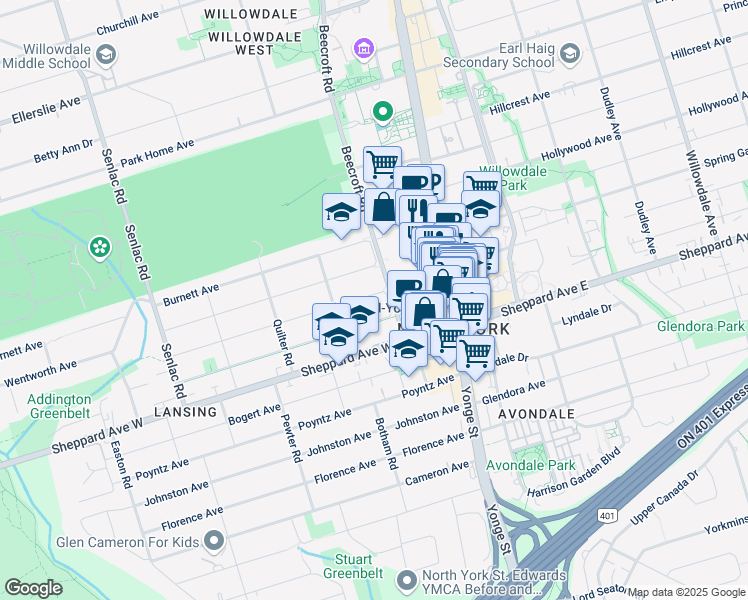 map of restaurants, bars, coffee shops, grocery stores, and more near 59 Elmhurst Avenue in Toronto