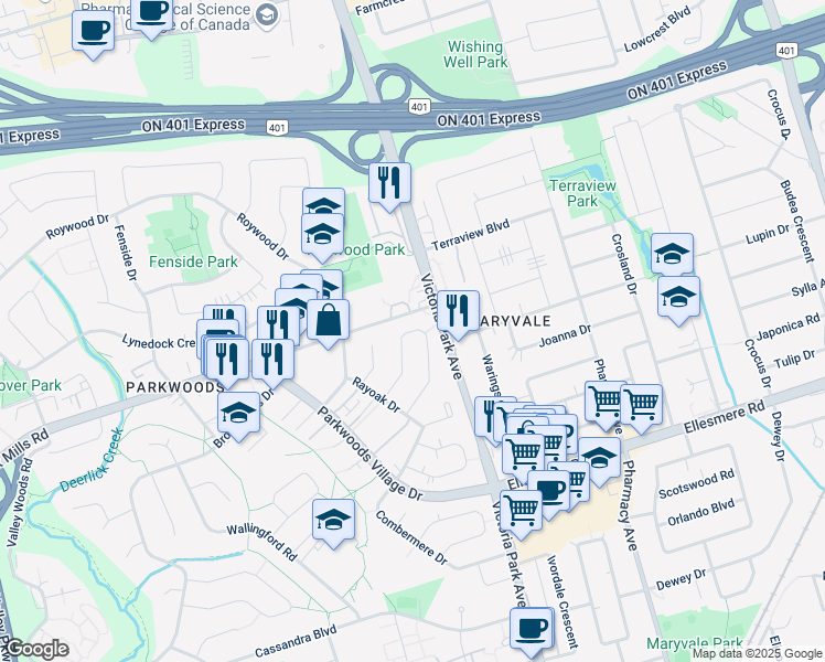 map of restaurants, bars, coffee shops, grocery stores, and more near 48 Pintail Crescent in Toronto