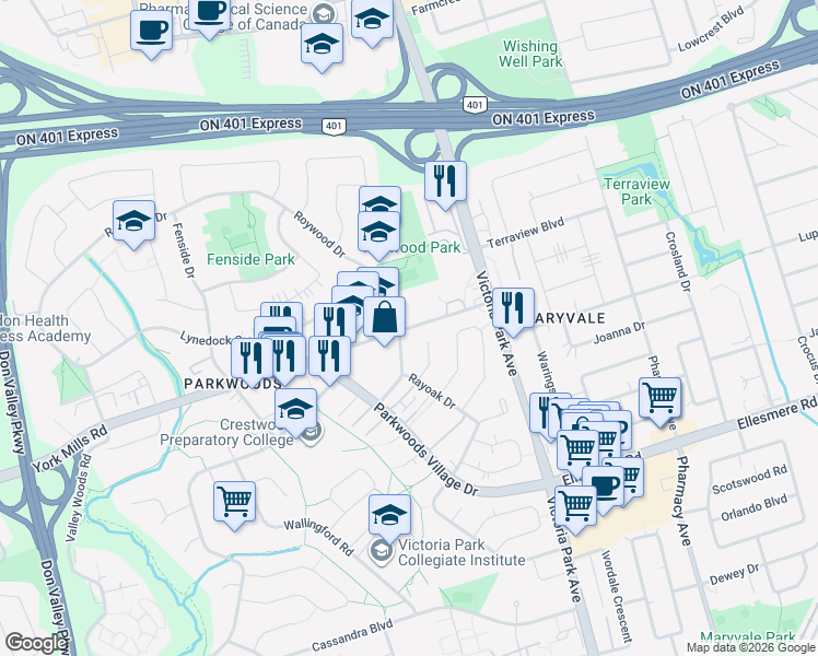map of restaurants, bars, coffee shops, grocery stores, and more near in Toronto