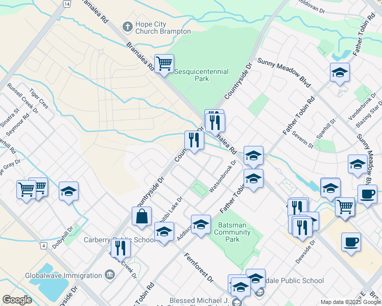 map of restaurants, bars, coffee shops, grocery stores, and more near in Brampton