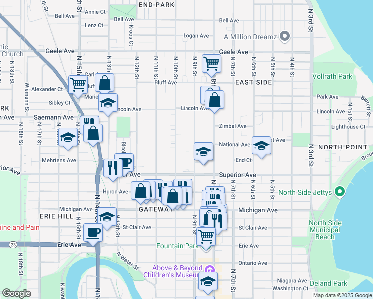 map of restaurants, bars, coffee shops, grocery stores, and more near 916 Saint James Court in Sheboygan