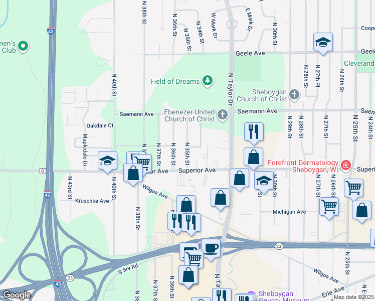 map of restaurants, bars, coffee shops, grocery stores, and more near 1541 North 35th Street in Sheboygan
