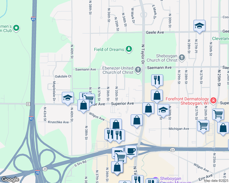 map of restaurants, bars, coffee shops, grocery stores, and more near 1541 North 35th Street in Sheboygan