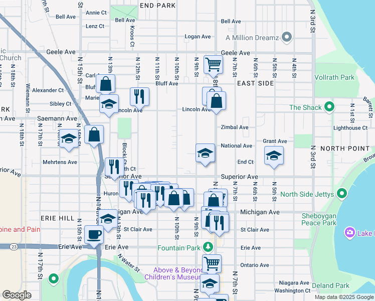 map of restaurants, bars, coffee shops, grocery stores, and more near 916 Saint James Court in Sheboygan