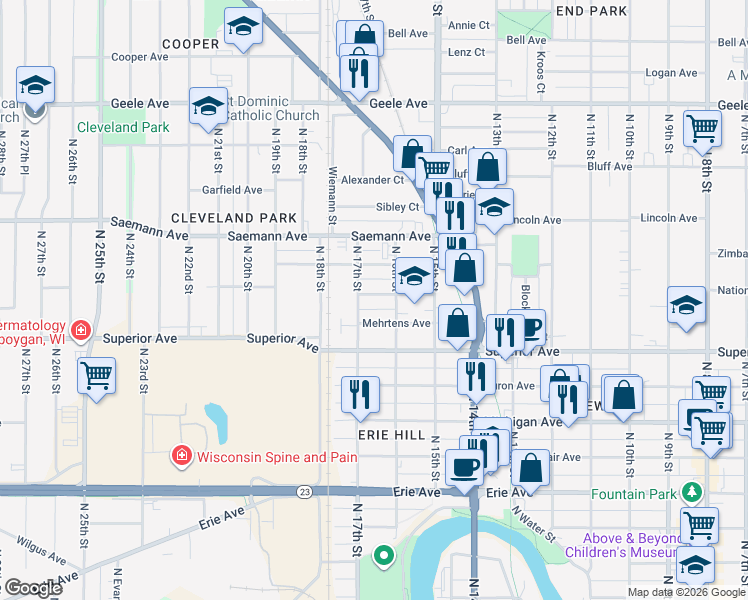 map of restaurants, bars, coffee shops, grocery stores, and more near 1621 Heller Avenue in Sheboygan