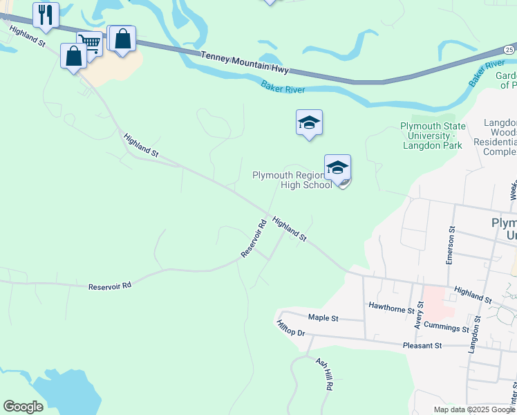 map of restaurants, bars, coffee shops, grocery stores, and more near Highland Street in Plymouth