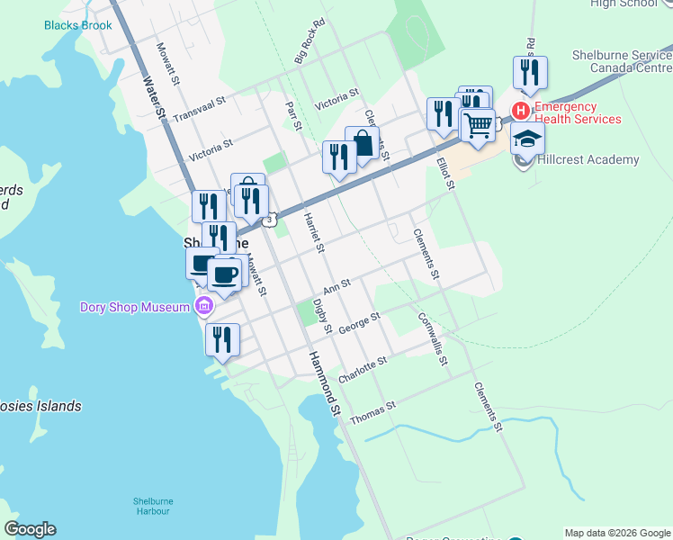 map of restaurants, bars, coffee shops, grocery stores, and more near 134 Harriet Street in Shelburne