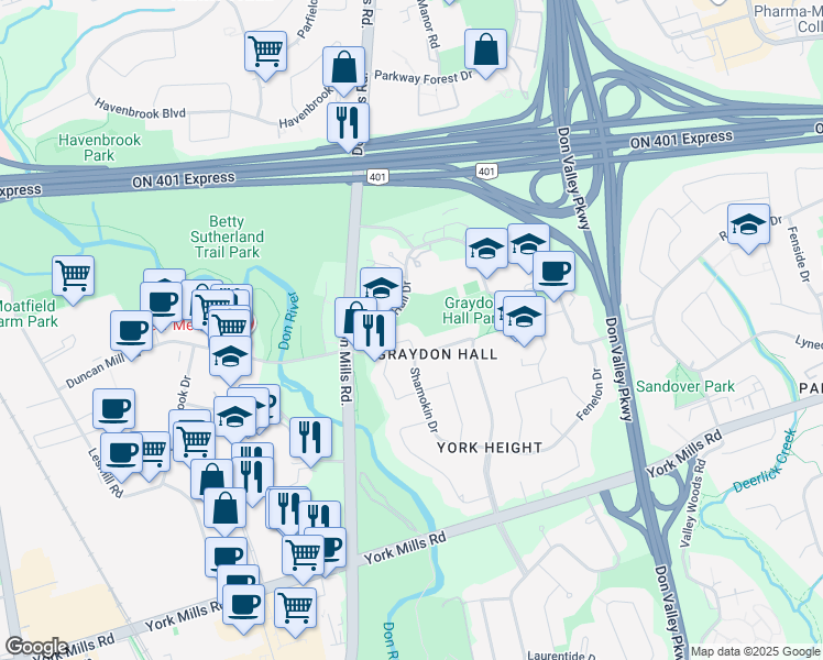 map of restaurants, bars, coffee shops, grocery stores, and more near 88 Olsen Drive in Toronto
