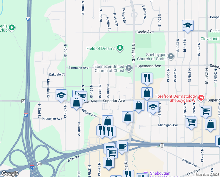 map of restaurants, bars, coffee shops, grocery stores, and more near 1541 North 35th Street in Sheboygan