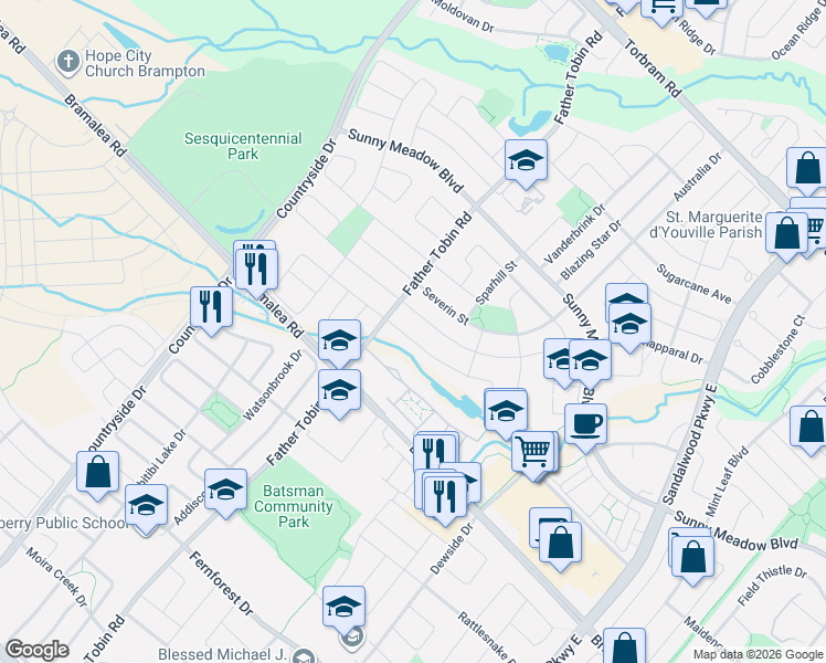 map of restaurants, bars, coffee shops, grocery stores, and more near 47 Niceview Drive in Brampton