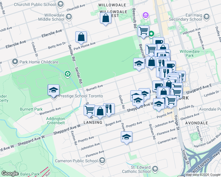 map of restaurants, bars, coffee shops, grocery stores, and more near 170 Burndale Avenue in Toronto
