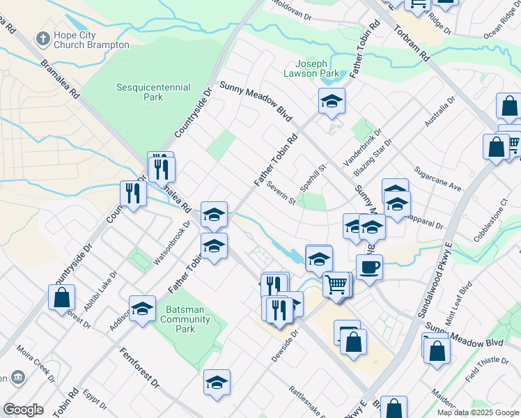 map of restaurants, bars, coffee shops, grocery stores, and more near 56 Totten Drive in Brampton