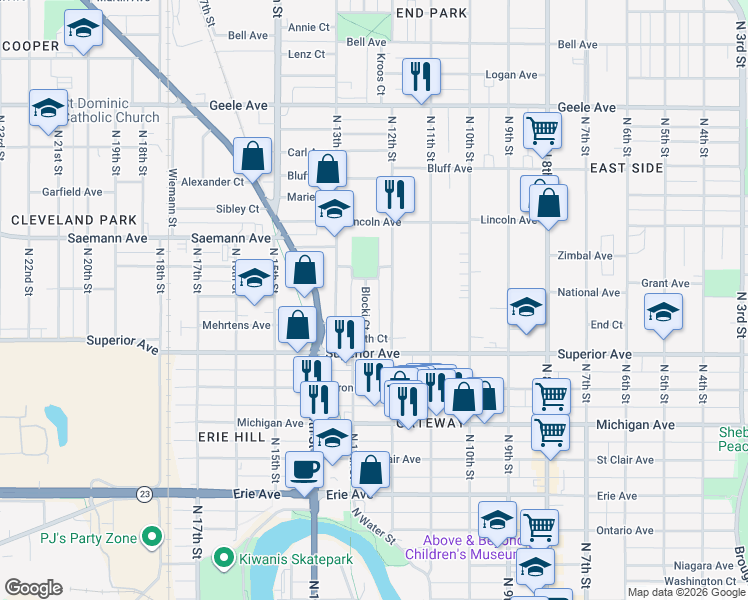 map of restaurants, bars, coffee shops, grocery stores, and more near 1624 North 12th Street in Sheboygan