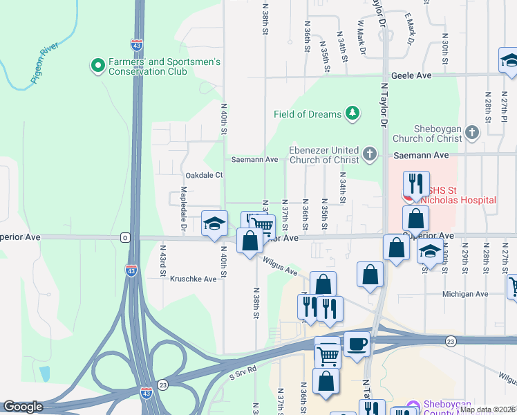 map of restaurants, bars, coffee shops, grocery stores, and more near 3805 Sheridan Avenue in Sheboygan