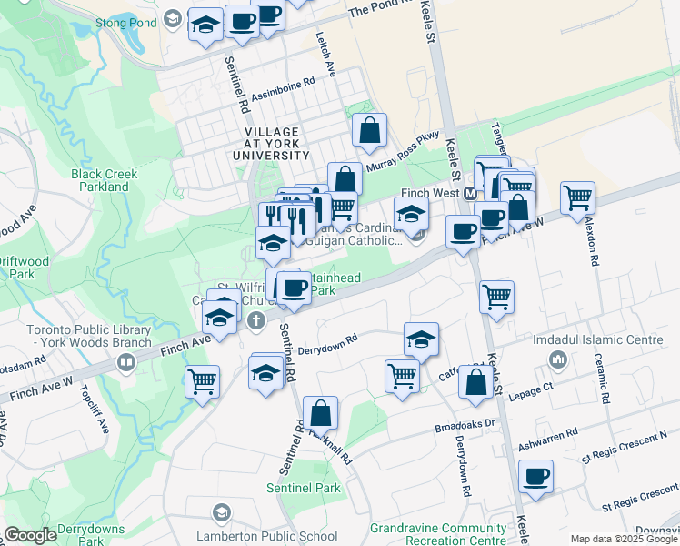 map of restaurants, bars, coffee shops, grocery stores, and more near 1528 Finch Avenue West in Toronto