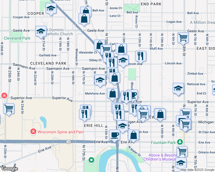map of restaurants, bars, coffee shops, grocery stores, and more near 1557 North 15th Street in Sheboygan