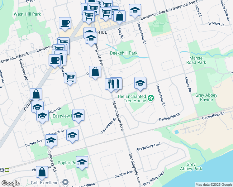 map of restaurants, bars, coffee shops, grocery stores, and more near 155 Morningside Avenue in Toronto