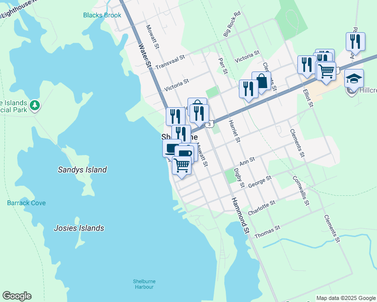 map of restaurants, bars, coffee shops, grocery stores, and more near 150 Water Street in Shelburne