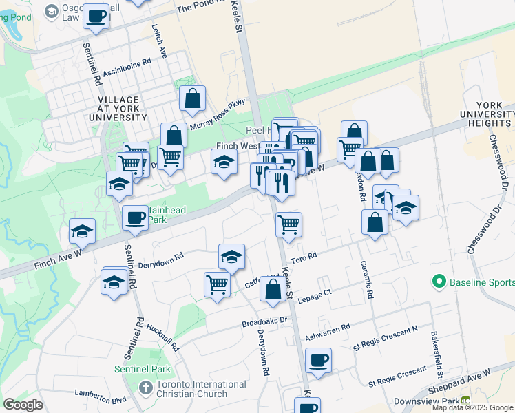 map of restaurants, bars, coffee shops, grocery stores, and more near 44 Romfield Drive in Toronto