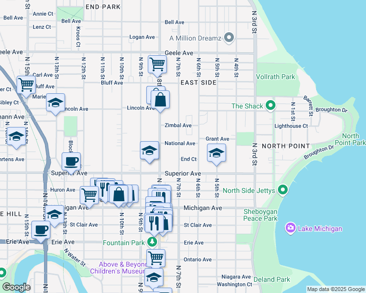 map of restaurants, bars, coffee shops, grocery stores, and more near 1629 North 7th Street in Sheboygan
