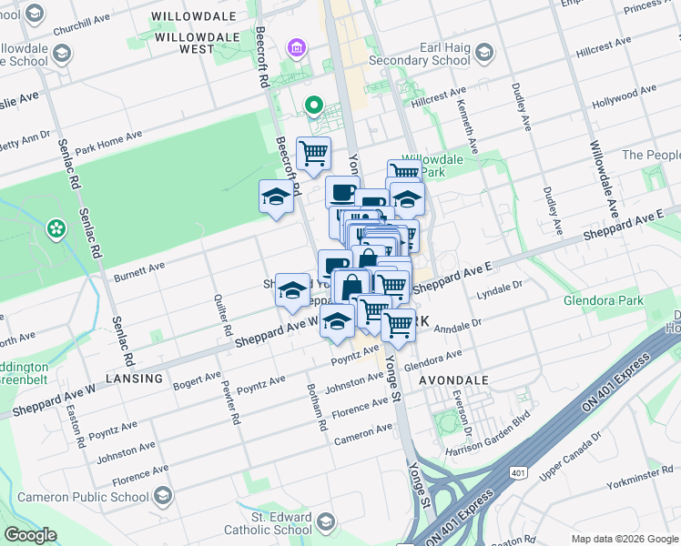 map of restaurants, bars, coffee shops, grocery stores, and more near 4900 Yonge Street in Toronto
