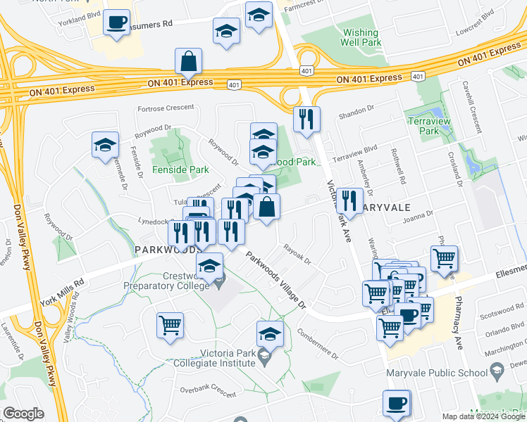 map of restaurants, bars, coffee shops, grocery stores, and more near 1330 York Mills Road in Toronto