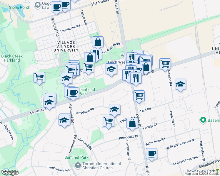 map of restaurants, bars, coffee shops, grocery stores, and more near 1528 Finch Avenue West in Toronto
